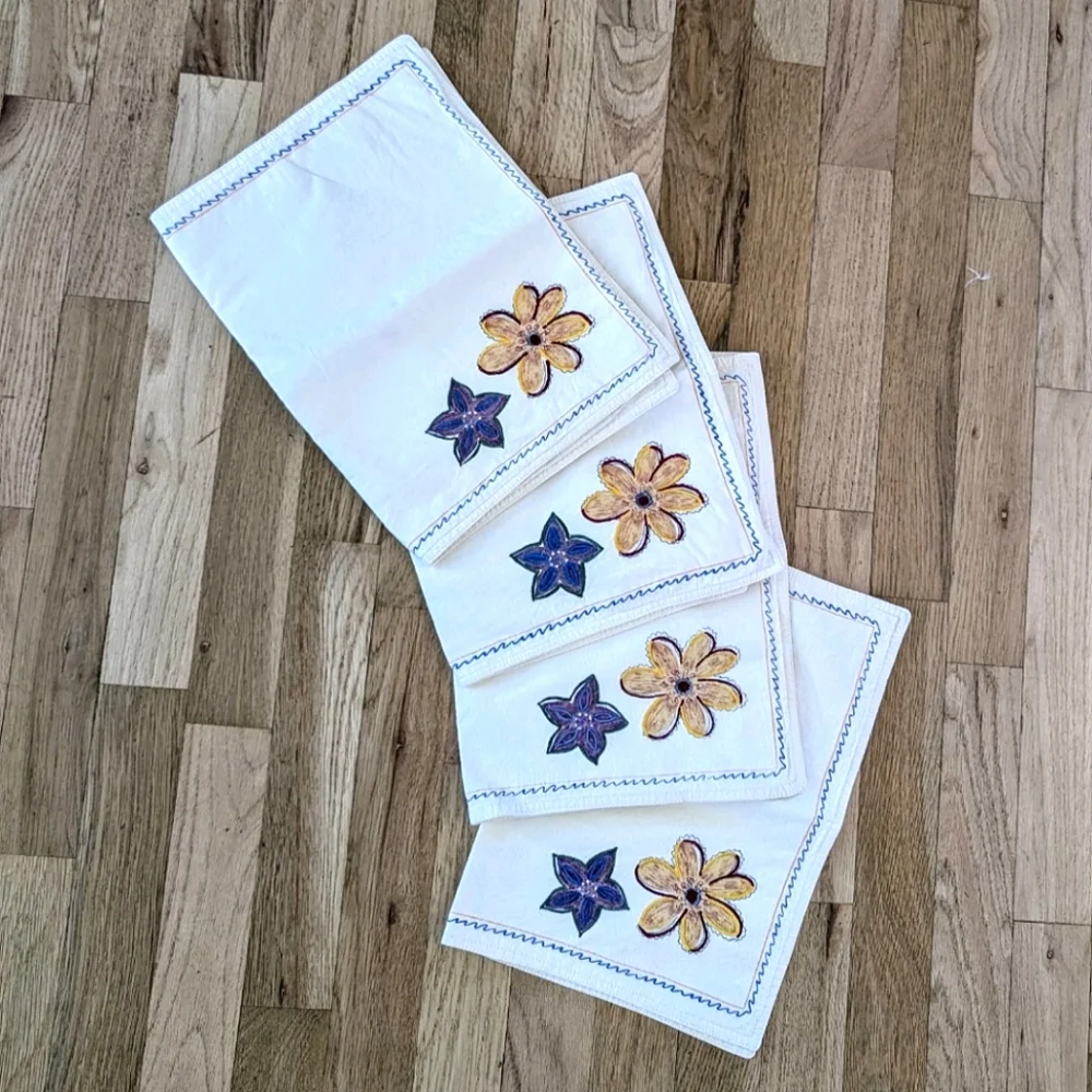 Set Of 4 Placemats Hand Stitched Applique & Embroidered Flowers Cottagecore